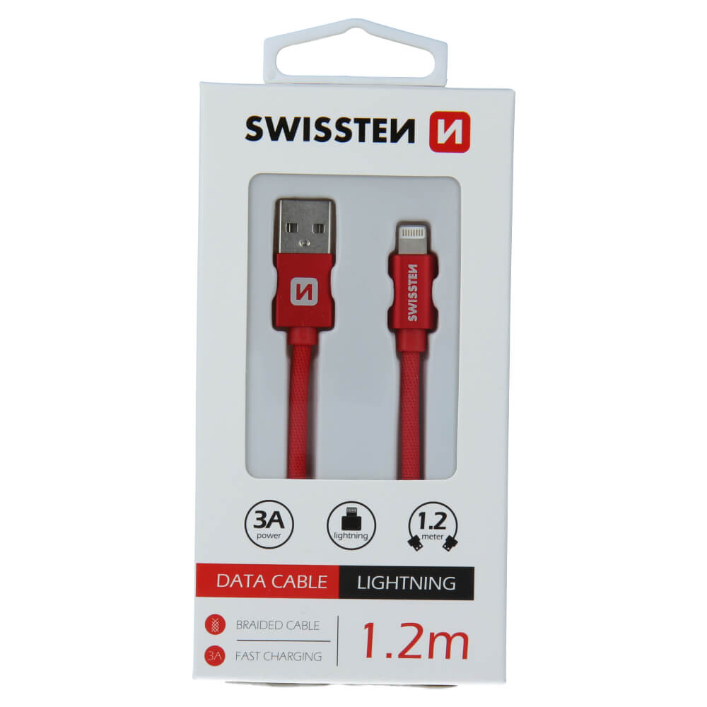 Textilný dátový kábel Swissten USB / LIGHTNING 1,2 M - červený